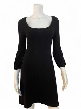Black ribbed knit midi dress with flattering cinch waist and soft puff sleeves ✨